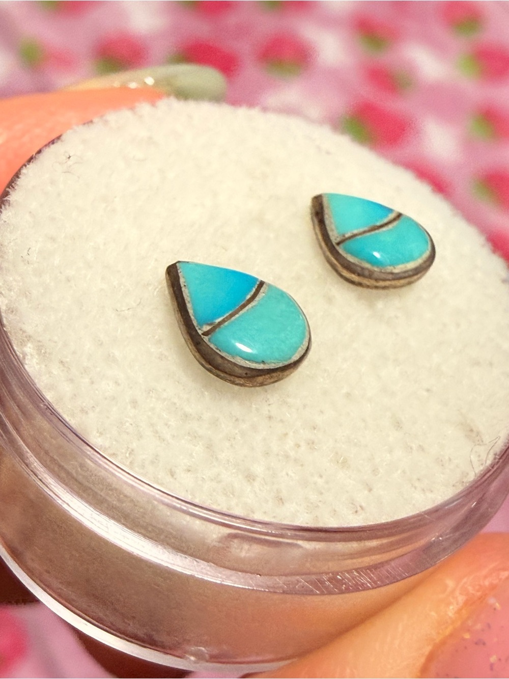 Vintage Zuni-Style Teardrop Turquoise Channel Inlay Sterling Silver Earrings - Picture 7 of 7